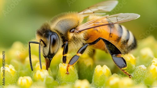 Close up of bee collecting nectar and pollen from vibrant yellow flower, showcasing detailed wings and fuzzy body in nature macro insect shot.