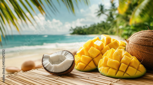 Fresh mango and coconut slices laid out on a bamboo mat by the sea, with palm trees swaying in the background