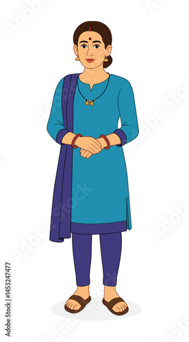  Indian Woman in Suit and Salwar - Standing Pose Character Illustration | 2D Animation Design. Happy Indian Woman. Beautiful Indian Woman.