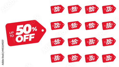 Promotion hold tag. Special offer discount on red tags shapes with different value percent off 90, 85, 80, 75, 70, 65, 60, 55, 50, 45, 40, 35, 30, 25, 20, 15, and 10%.