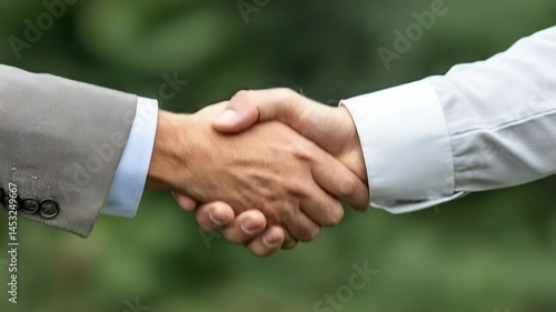 Formal Business Partnership Two People Shaking Hands in Agreement and Collaboration, Symbolizing Trust and Cooperation in Blurred Background