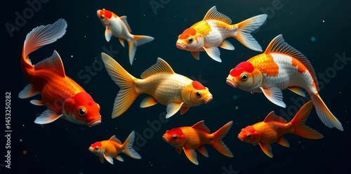 Group of goldfish and carp, diverse colours, dark background, black background, pet fish