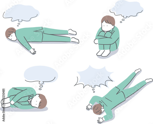 考え事をする若いビジネスパーソンの吹き出し付きイラストセット