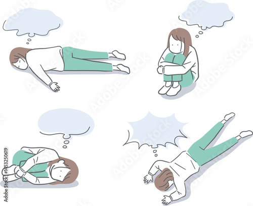 落ち込む若い女性のふきだし付きイラストセット