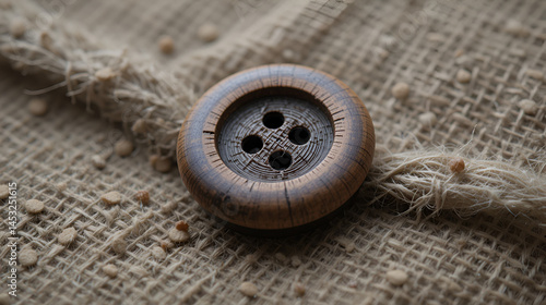 Wooden button secured on rustic fabric, embodying a homespun charm and detailed craftsmanship.