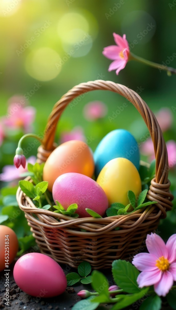 Naklejka premium Vibrant Easter eggs in woven baskets, nestled amongst spring blooms , natural, springtime, festive