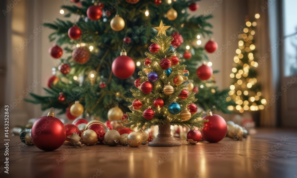 Ornate Christmas tree, vibrant baubles, soft bokeh , glow, red, joyful Ornate Christmas tree, vibrant baubles, soft bokeh , glow, red, joyful