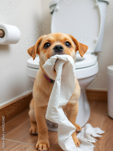 Naughty mischievous dog after chewing toilet paper. Hyperactive, active puppy training, pet mischief concept.