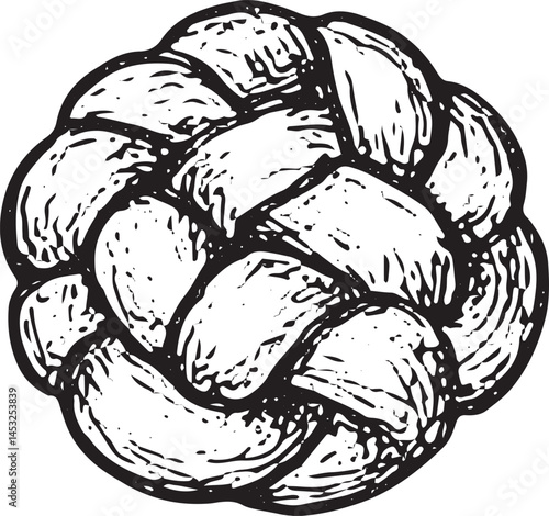 Hand-drawn braided bread with twisted texture. Ideal for artisanal bakery branding, rustic recipe books, or traditional food designs