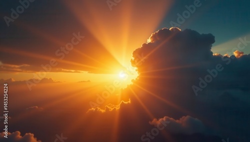 Golden sun rays pierce dark, dramatic cloudscape , weather, daybreak, future