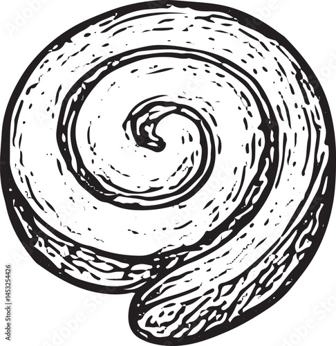 Hand-drawn cinnamon roll with spiral shape. A vintage treat illustration ideal for cafe menus or bakery decor