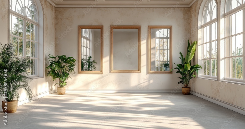 Fototapeta premium Spacious, sunlit interior room with large windows and mirrors.