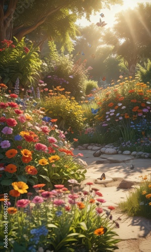 Warm afternoon sun illuminates a flourishing garden filled with colorful blooms and butterflies , afternoon, landscape
