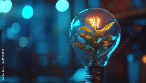Glowing Plant Inside Lightbulb Blue Background Eco Concept