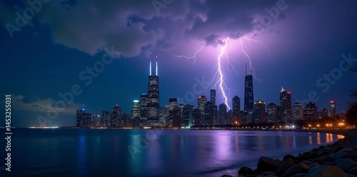 Chicago skyline, dramatic night lightning storm, clouds, flash