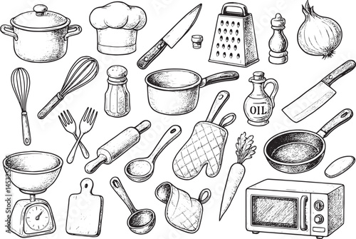 A detailed vintage-style hand-drawn illustration of various kitchen utensils and cookware, perfect for culinary design, recipes, or retro cooking projects