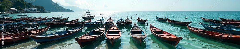 Dense cluster of small wooden fishing boats, coastal scene, high angle, village, many Dense cluster of small wooden fishing boats, coastal scene, high angle, village, many
