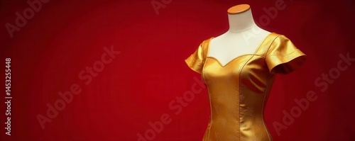 Golden brocade dress showcased on a mannequin; deep red background enhances the fabric's luster , mannequin, elegant