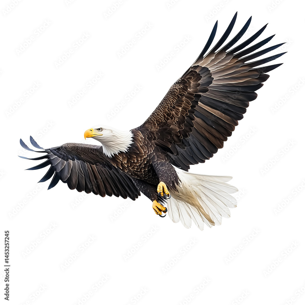 Fototapeta premium A majestic bald eagle soars gracefully through the sky with its wings outstretched