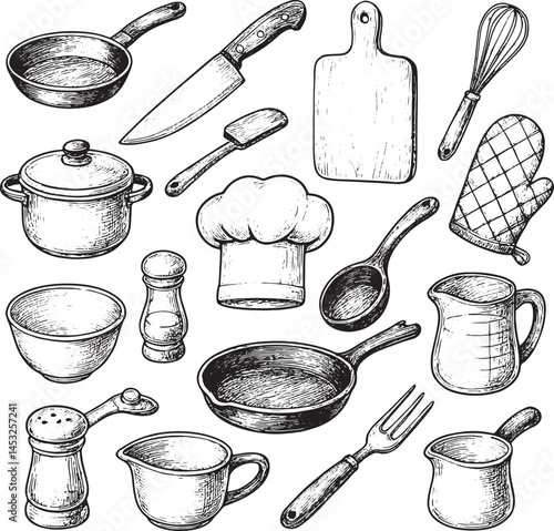 A complete hand-drawn kitchen utensil collection in vintage sketch style. Perfect for culinary branding, retro cookbooks, or rustic food-themed illustrations