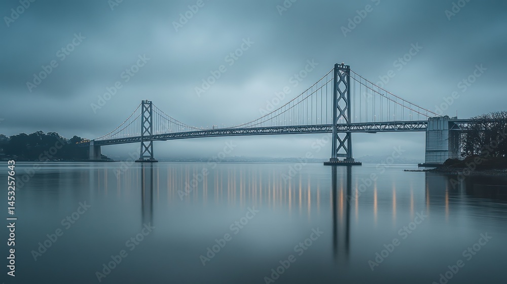 Fototapeta premium Bay Bridge Under Cloudscape: A serene capture of architectural marvel over calm waters