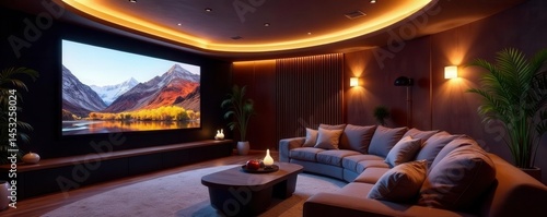 Modern minimalist home theater, recessed lighting, surround sound, screen, movie