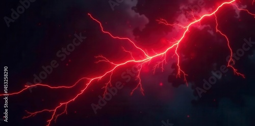 Sudden red electrical discharge in deep black, intense, dark