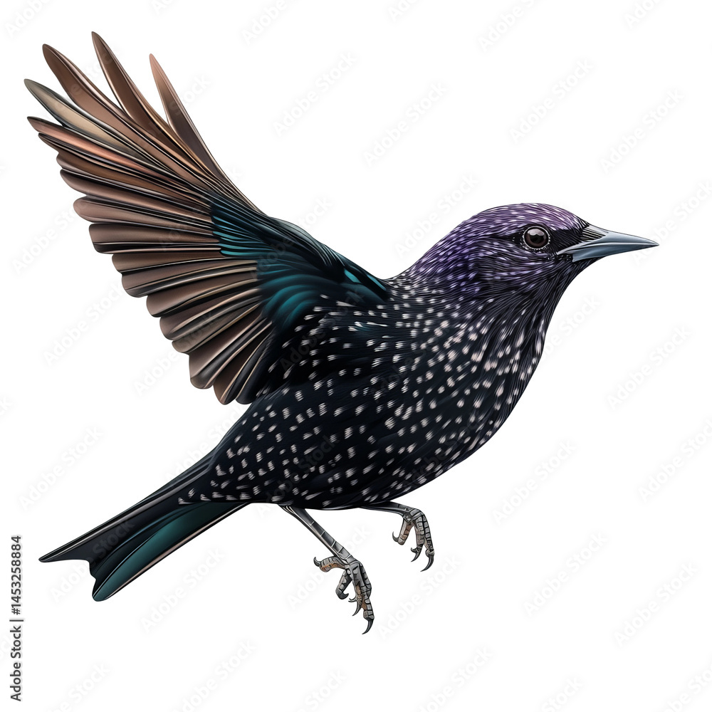 Obraz premium A European Starling in flight showing its beautiful colors and feathers. The image focuses on a single bird, showcasing its details and unique characteristics.