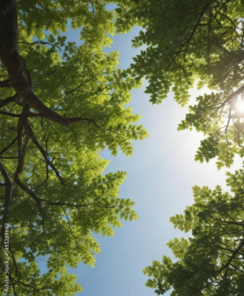 Naklejka premium Sunlight dappled through leaves, canopy overhead, earth, autumn
