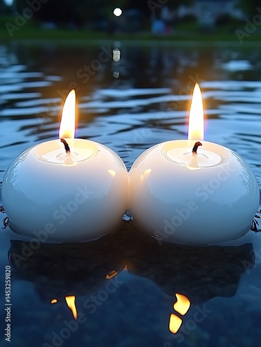 Romantic floating candle lights reflecting on serene water surface at twilight