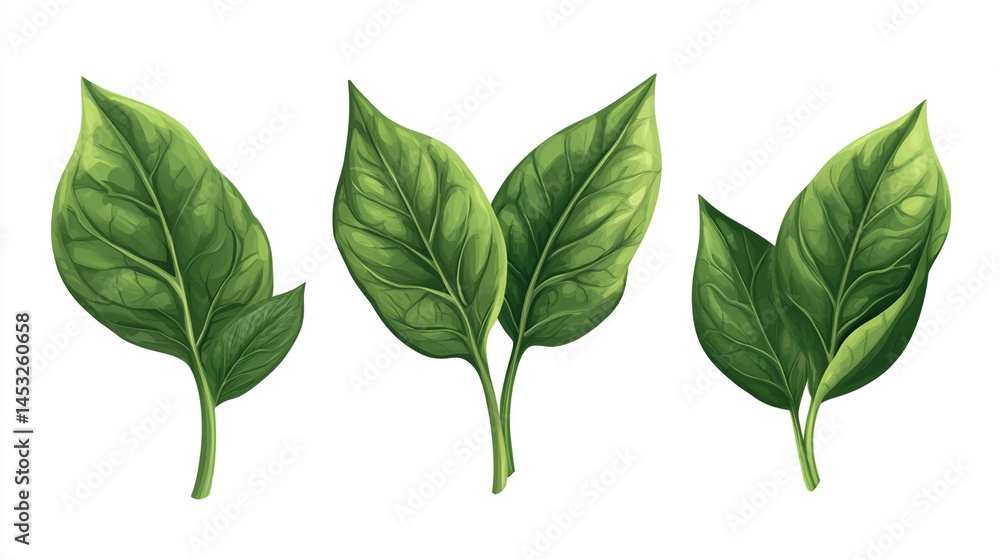 Fototapeta premium Three vibrant green leaves, detailed illustration