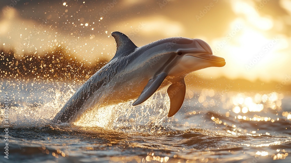Fototapeta premium Majestic dolphin leaps at golden sunset