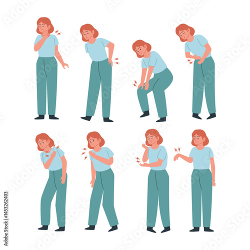 Set of young woman symptoms pose gesture with pain set collection with back, chest, elbow, knee, neck, shoulder, stomach, hand wrist. Disease sick or disorder, illness gesture illustration. 