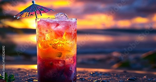 Colorful cocktail with an umbrella on a beach at sunset, showcasing vibrant hues and relaxation