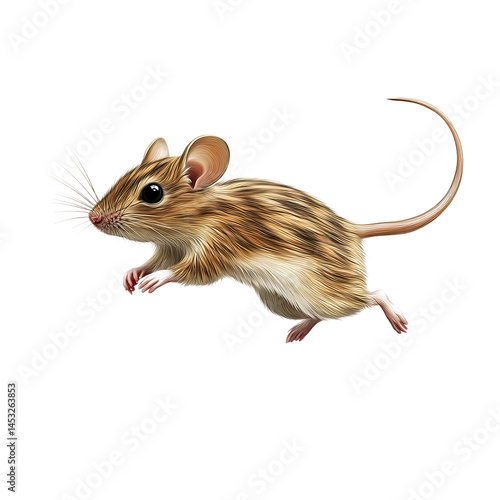 Cute little mouse jumping playfully on white background 