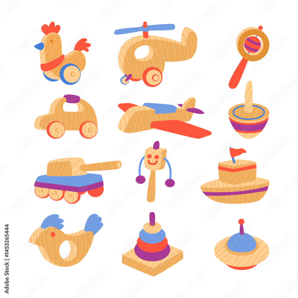 Set of vintage wooden toys cartoon set collection with airplane, bird, car, helicopter, hen, rattle, ship, spinning, tank, stacking rings. Vintage Toys for Children. Traditional Children game.