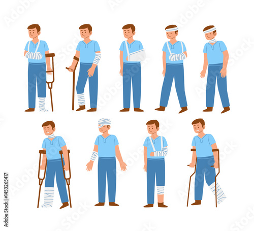 Set of young man injury pose symptoms gesture with pain set collection with hand, leg, head, neck injury. Disease sick or disorder, illness gesture illustration. Adult male got accident using bandage.