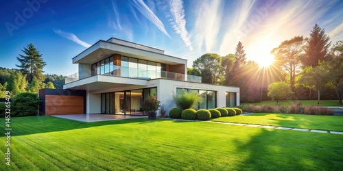 A modern house with a lush green lawn and vibrant grass under a clear blue sky on a sunny day with warm sunlight filtering through the trees , modern home, architectural style