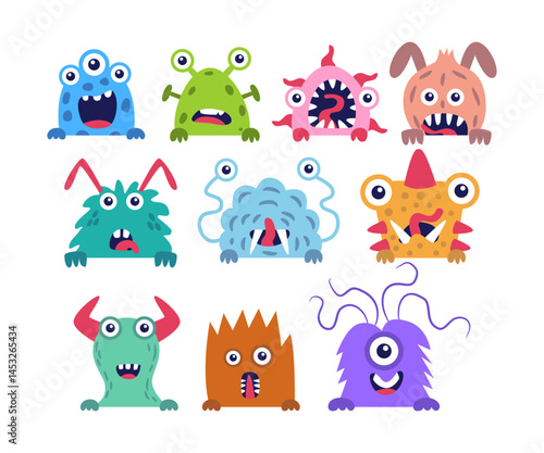 Set of cute peeking monster cartoon set collection, cute peekaboo monsters holding frames character out of background. Colorful funny little monsters. Halloween background, birthday party card.