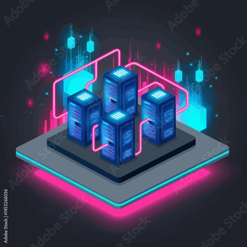Wallpaper Mural Isometric Illustration of a Data Center with Neon Accents Torontodigital.ca