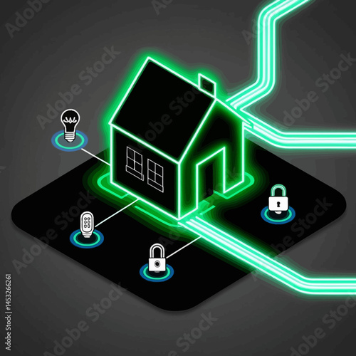 Smart Home Control System Illustration with Neon Lines