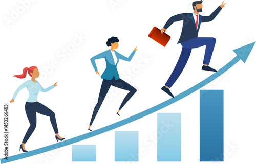 Business Success Concept. Vector cartoon illustration of a group of diverse people in business suits running up a rising graph. isolated on a white background.