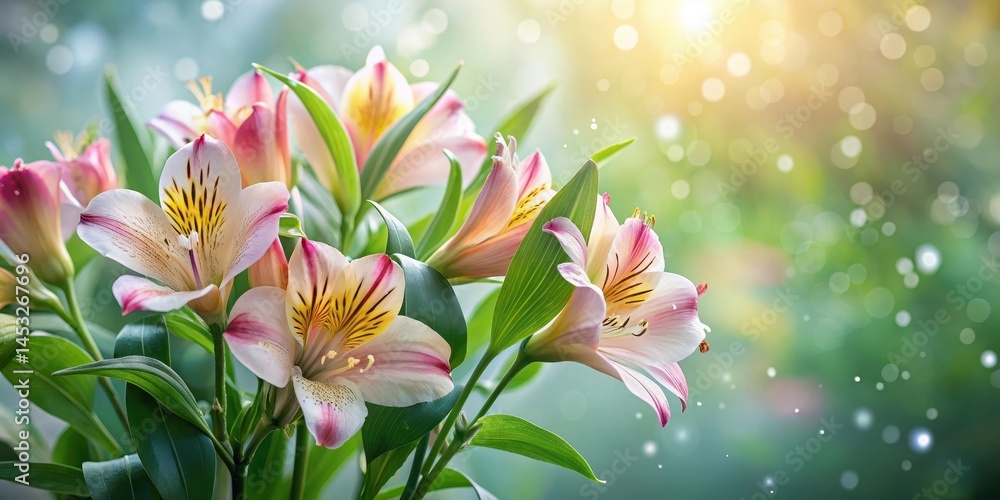 Fototapeta premium Serene Alstroemeria blossoms gently swaying in morning garden light amidst dew-kissed petals and soft foliage, morning light, floral arrangement