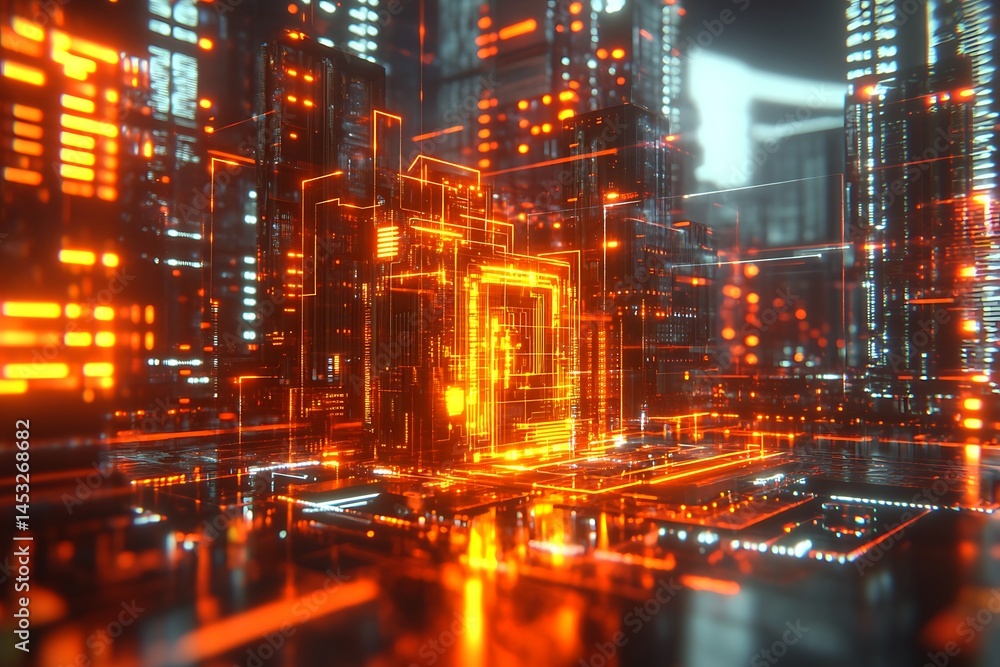 Futuristic cityscape glowing with digital neon lights and network connection Futuristic cityscape glowing with digital neon lights and network connection