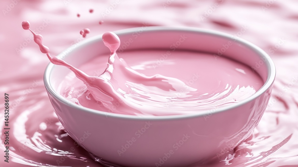Pink liquid splashing from a ceramic bowl creates a beautiful splash Pink liquid splashing from a ceramic bowl creates a beautiful splash