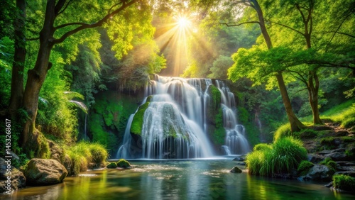 Waterfall cascade in lush greenery with sunlight filtering through trees, scenic view, sunlight filter