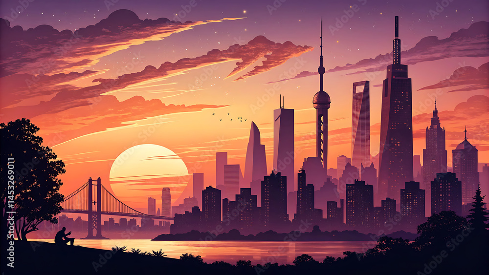 Obraz premium Sunset Cityscape Silhouette Stunning Vector Illustration of Urban Skyline at Dusk