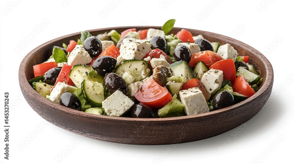 Colorful Mediterranean salad with feta, olives, cucumbers, tomatoes, and greens in a wooden bowl Colorful Mediterranean salad with feta, olives, cucumbers, tomatoes, and greens in a wooden bowl