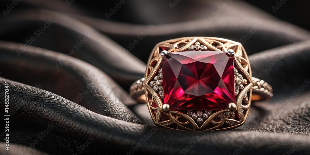 Obraz premium Dark brown diamond cut cushion style ruby gemstone on black velvet background with intricate gold filigree and subtle sparkle, filigree, sparkle