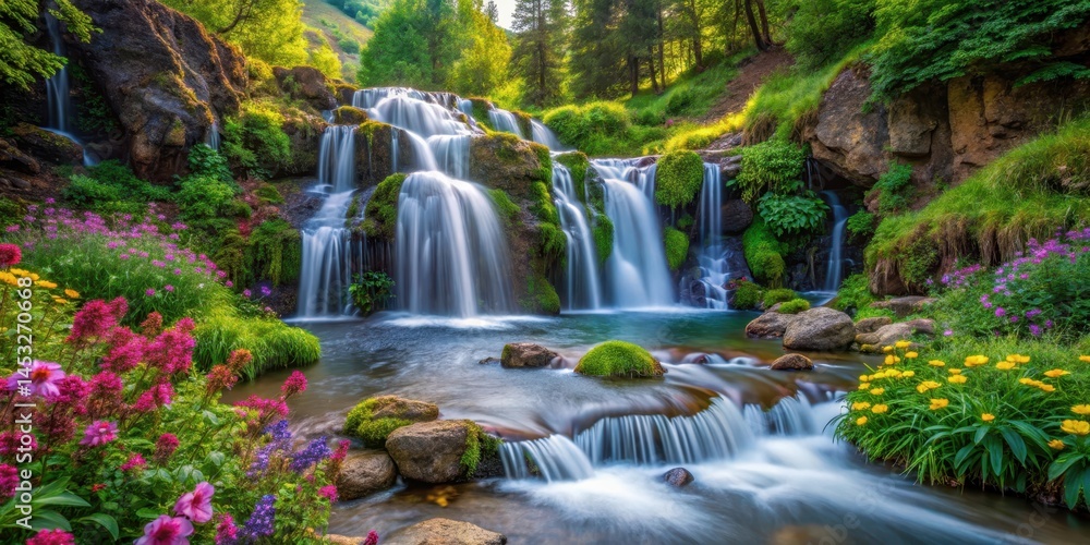 waterfall cascading down rocky cliffs into a serene forest stream surrounded by lush greenery and vibrant wildflowers, natural beauty, nature photography waterfall cascading down rocky cliffs into a serene forest stream surrounded by lush greenery and vibrant wildflowers, natural beauty, nature photography